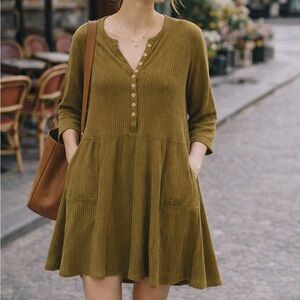 FP BEACH | Beach Blossom Button Henley Ribbed Tee Shirt Dress in Moss Green | M